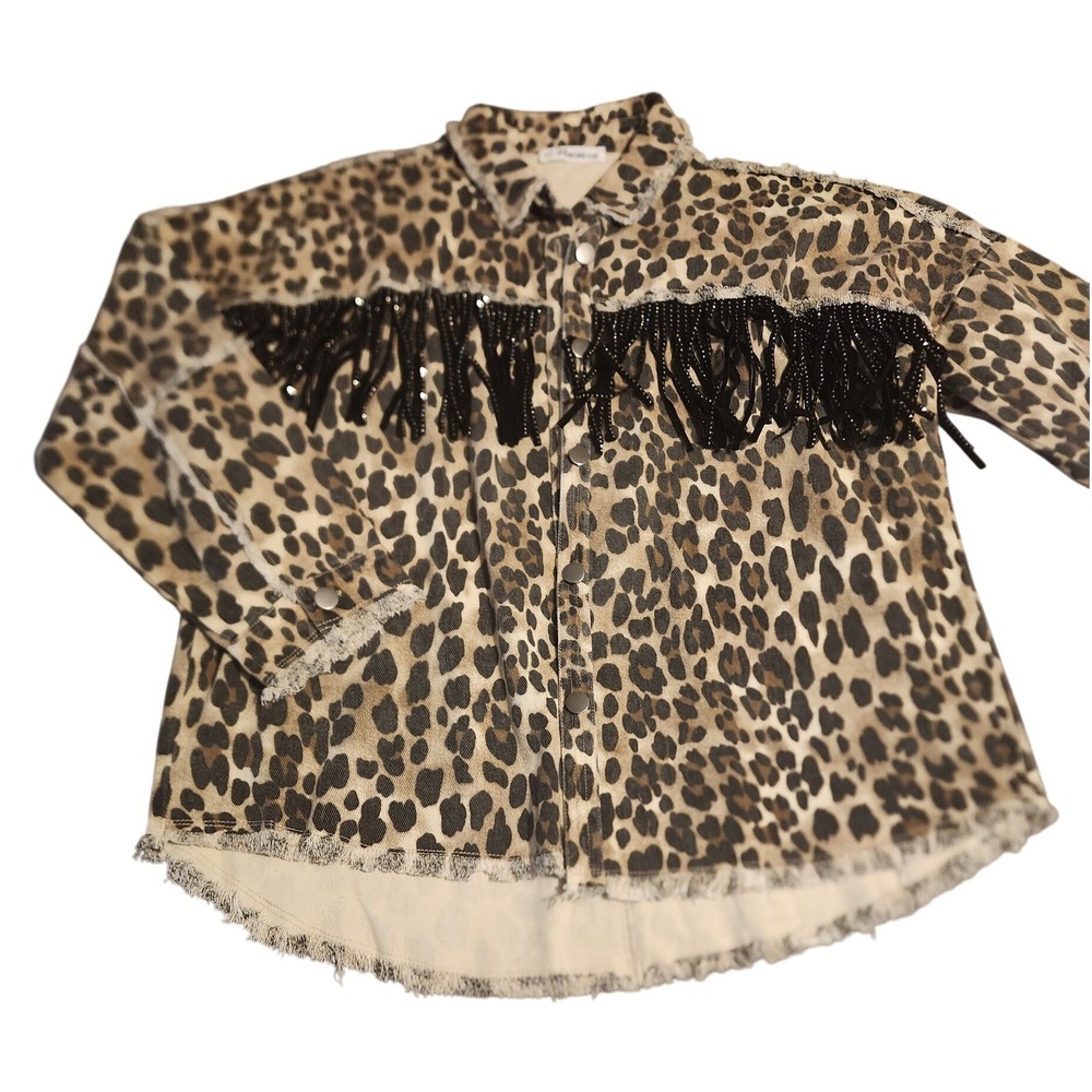 Macaron Women's Leopard Print Denim Shirt Jacket Black Sequin Fringe‎